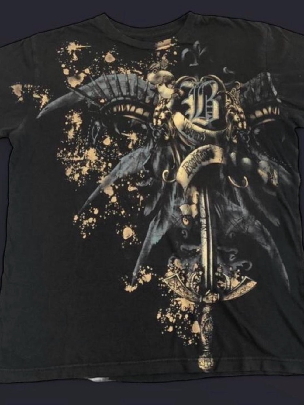 Affliction Black Graphic Tee with Sword, Wings & Gold Accents